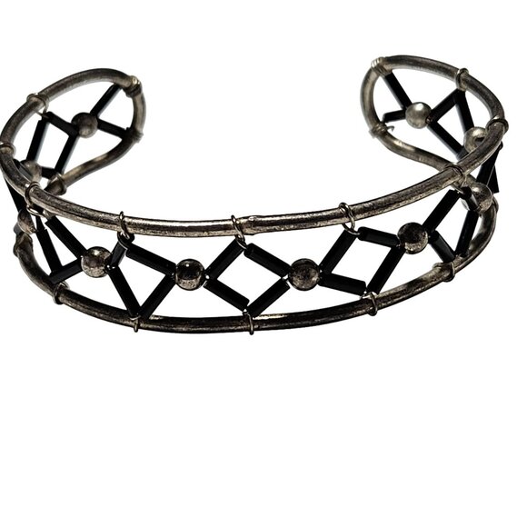 Vintage Boho Chic Silver Tone Cuff Bracelet Black Enamel Geometric Design Women - Picture 1 of 5